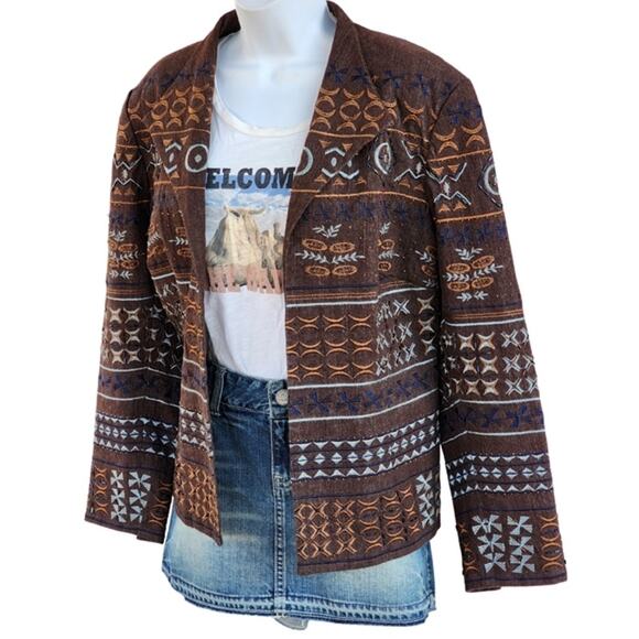 Vintage Coldwater Creek Plus size Denim Jacket 16 Brown Embroidered Beaded - Picture 1 of 11